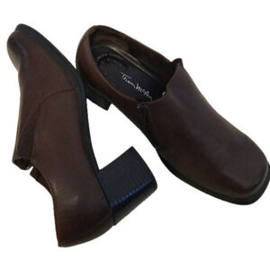 Thom McAn Dark Brown Leather Square Toe Stacked Heel Slip On Ankle Booties